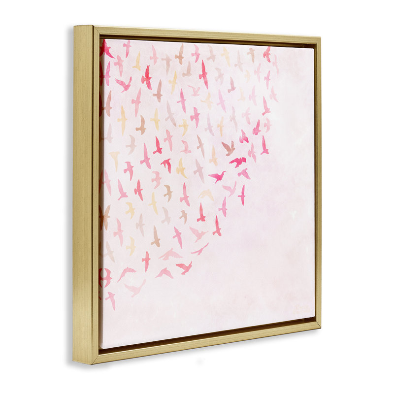 «Fluttering Pink Birds» par Carrie Cantwell, Cadre flottant métallique doré, H 18 po x l 18 po