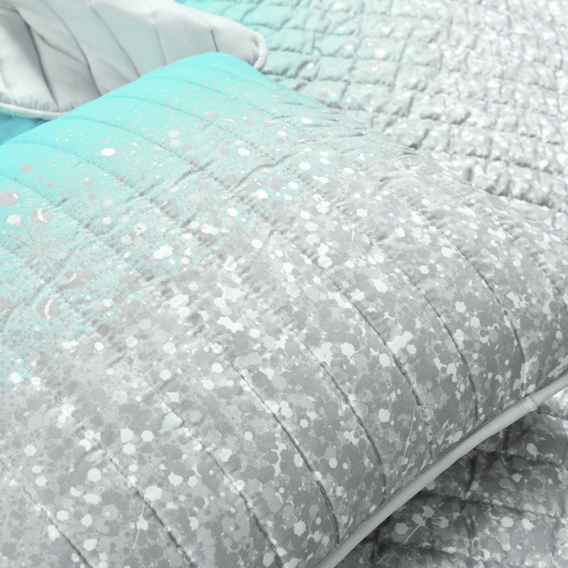 Ensemble de courtepointe en microfibre, Courtepointe pour grand lit + 2 taies décoratives, Turquoise / gris