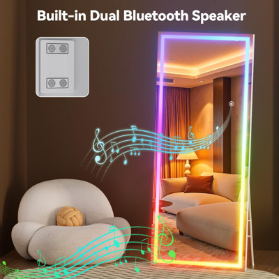 LED RGB Bluetooth Full Length Mirror with Lights, Full Body Mirror with Stand, Wall Mount & Free Standing Floor Mirror for Bedroom Living Room Cloakroom, 7 Color & Brightness Adjustable