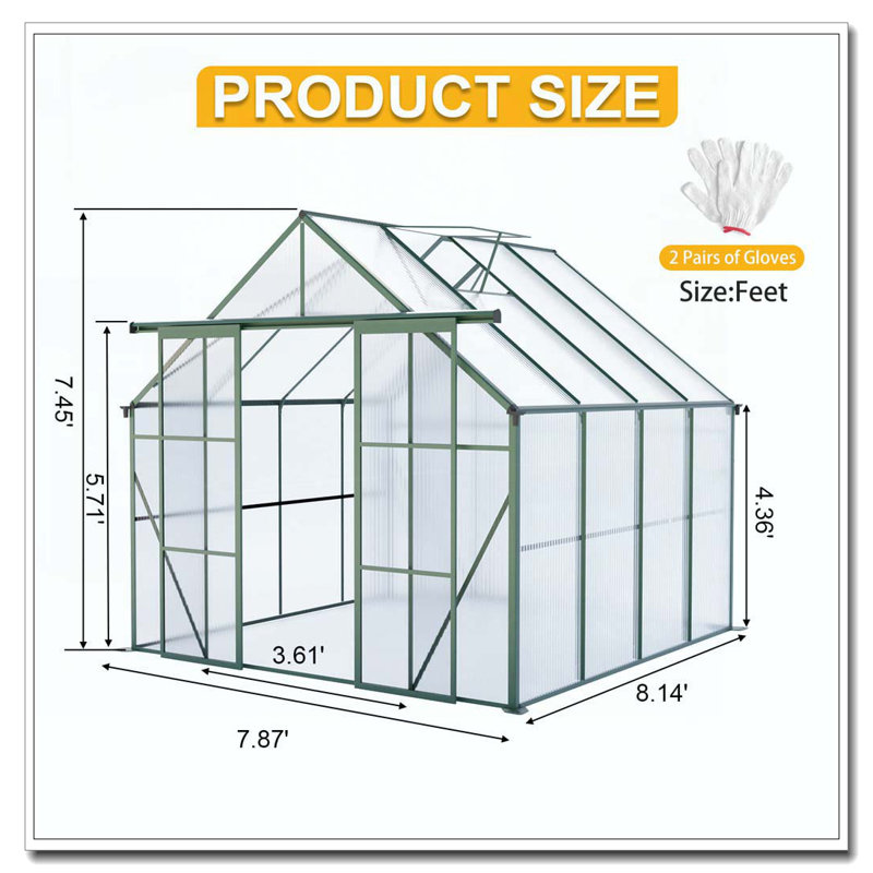 8x8 FT Double Door Polycarbonate Greenhouse Raised Base and Anchor Aluminum Heavy Duty Walk-in Greenhouses for Outdoor Backyard in All Season,Green