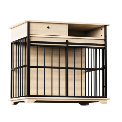 Grande cage pour chien, rangement fonctionnel, utilisation à l'extérieur, dimensions du produit, métal, amovible, assemblage facile, base en bois massif, cage en placage vieilli, deux compartiments, chiens, couleur bois noir, fabrication,