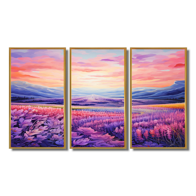 Magnifique coucher de soleil sur des champs de lavande - ensemble d'art mural champs de lavande, Encadrement argenté