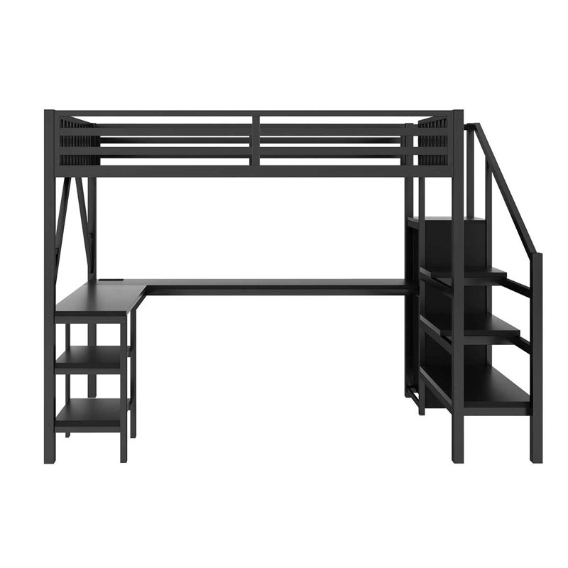 Full Size Loft Bed With L Shaped Desk, LED Light And USB For Kids Teens Adults