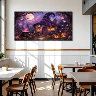 Canvas Wall Art Whimsical Halloween Witch Cottage Glowing Pumpkins Ghosts Wall Decor for Living Room Bathroom Bedroom Office 24"H x 48"W Art Paintings, Ready to Hang