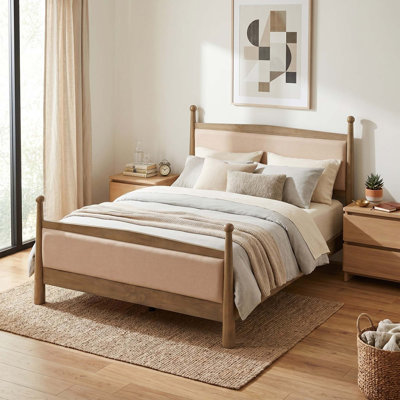 Queen Size Upholstered Platform Bed Frame With Wooden Slat Support, Pine Wood Frame & Fabric Headboard, No Box Spring Needed, 800 Lbs Capacity