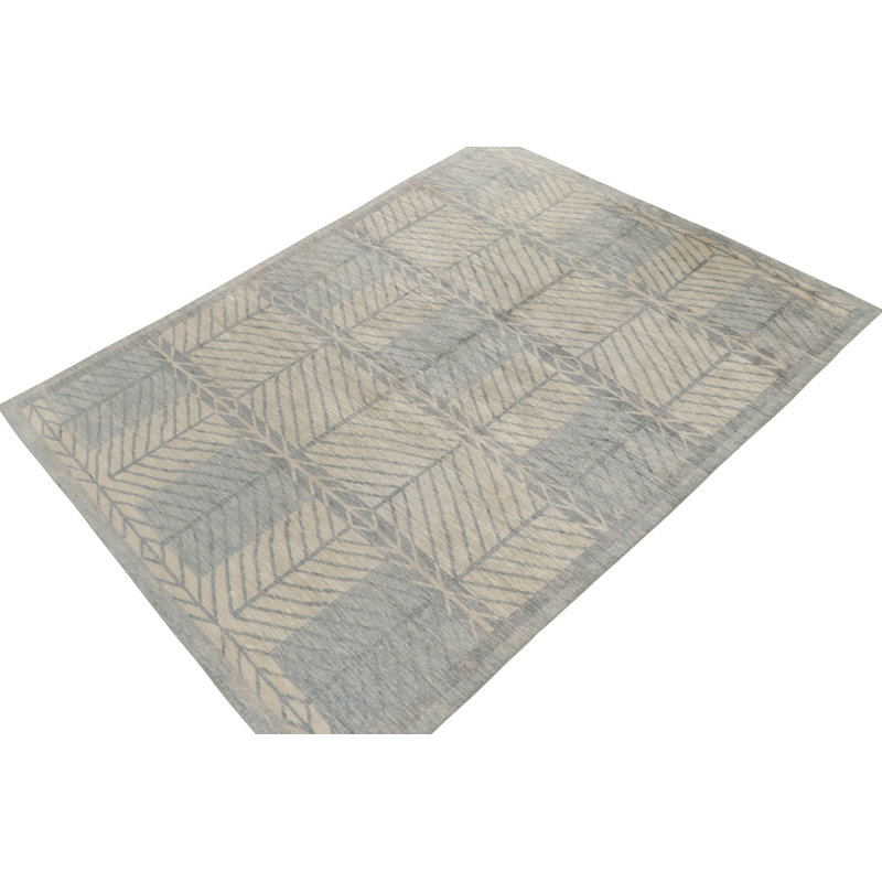 Scandinavian Hand Knotted Silk Geometric Area Rug, Rectangle 6' x 9'