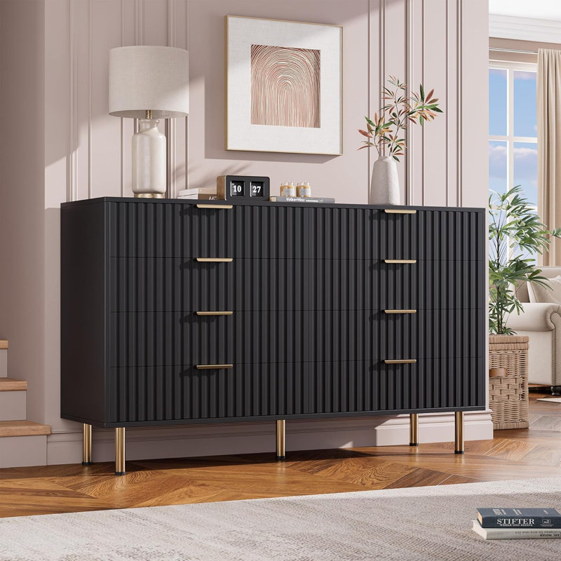 Commode 8 tiroirs cannelée de 55 po de largeur pour chambre à coucher, commode moderne en bois avec rangement profond, Noir