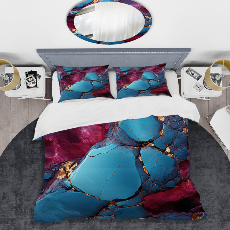 Ensemble de housse de couette bleu et mauve sans soudure Marble River II - formes modernes abstraites