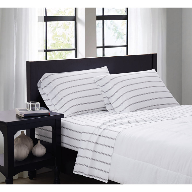 White and Grey Ticking Stripe Full Microfiber Sheet Set
