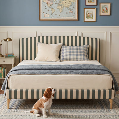 Modern Farmhouse King Linen Upholstered Platform Bed with Curved Striped Headboard, Sage Green