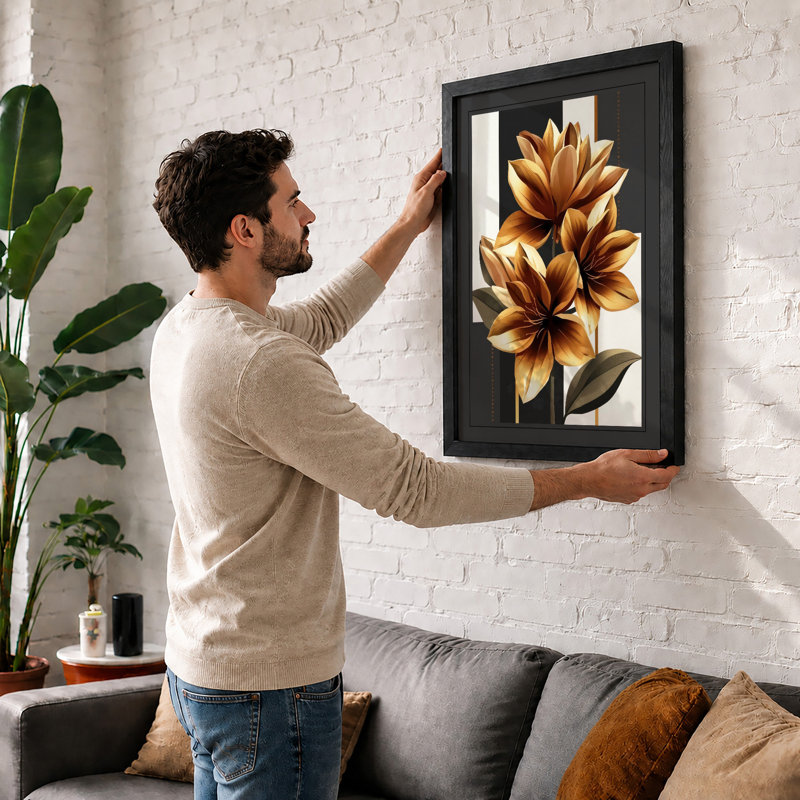 Golden Lotus Blooms Botanical - Framed Print, Oak, A3 - 42.0 x 29.7 cm