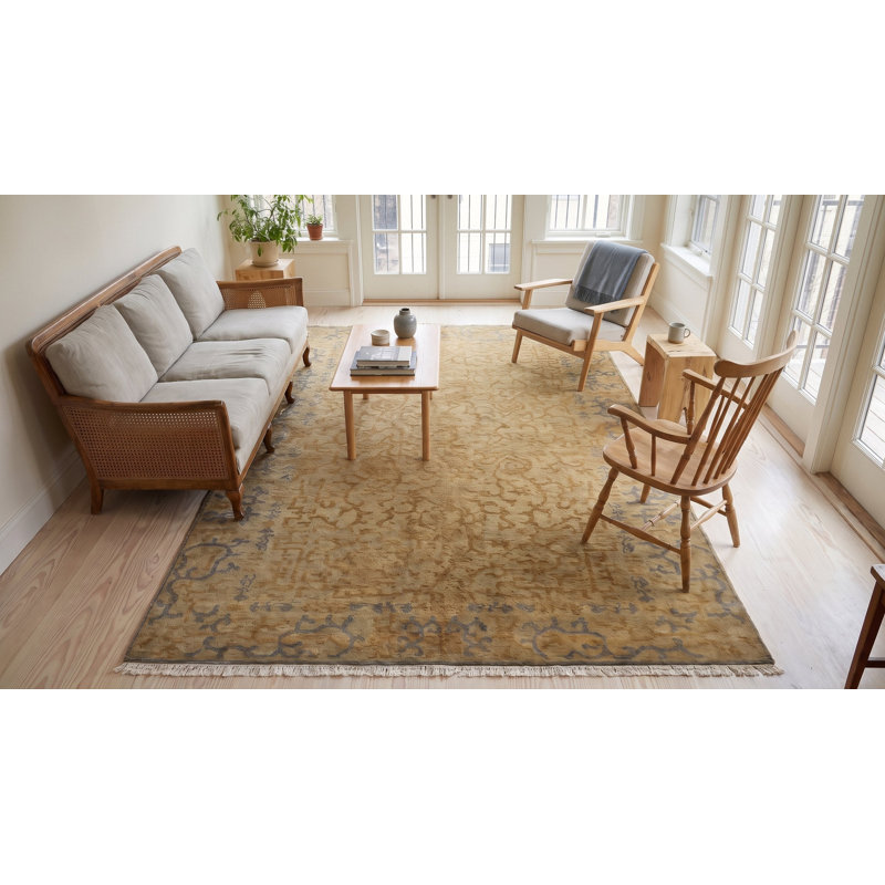 Tapis jaune à motif géométrique moderne en laine noué à la main jaune, 8 pi x 10 pi