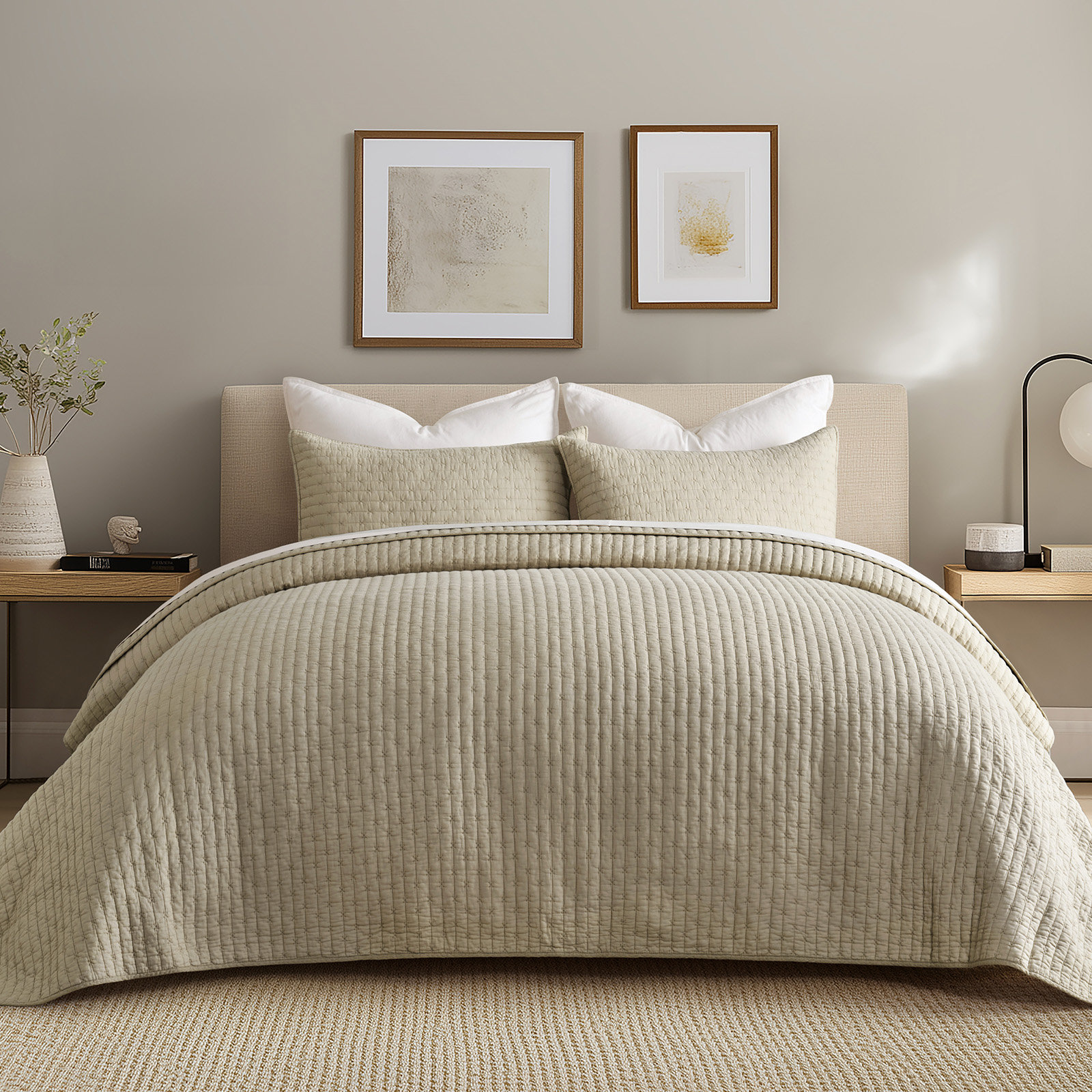 Cotton Quilt Set, Queen + 2 Shams, Khaki Tan