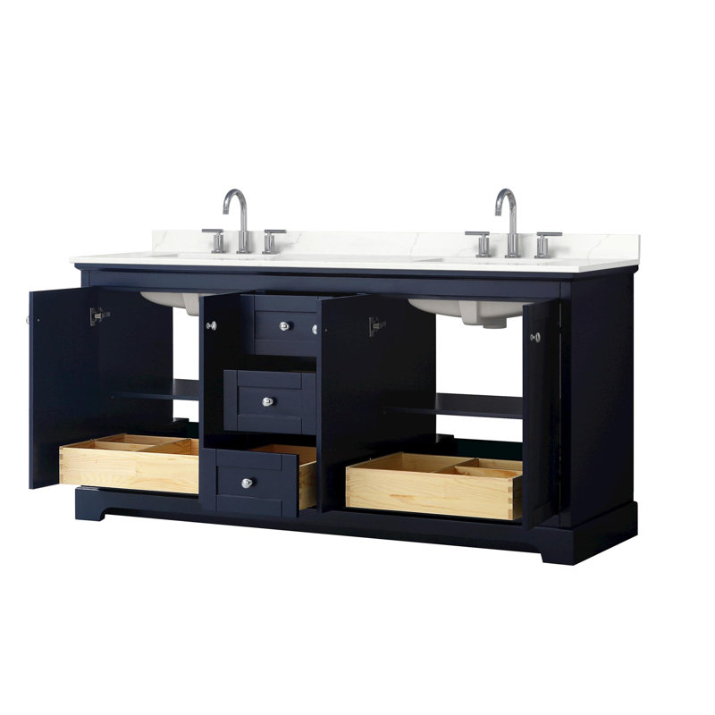 Meuble-lavabo double autoportant 72 po avec plateau en quartz Avery, Quartz Giotto, Bleu très foncé, Chrome poli