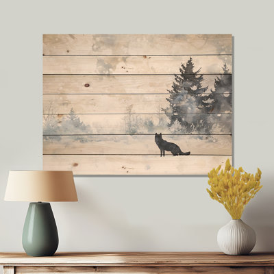 Loup solitude dans la neige I - Impression sur bois blanc moderne sur bois de pin naturel