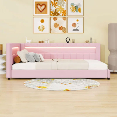 Linen Upholstered Daybed with LED Light and USB Ports,Shelves