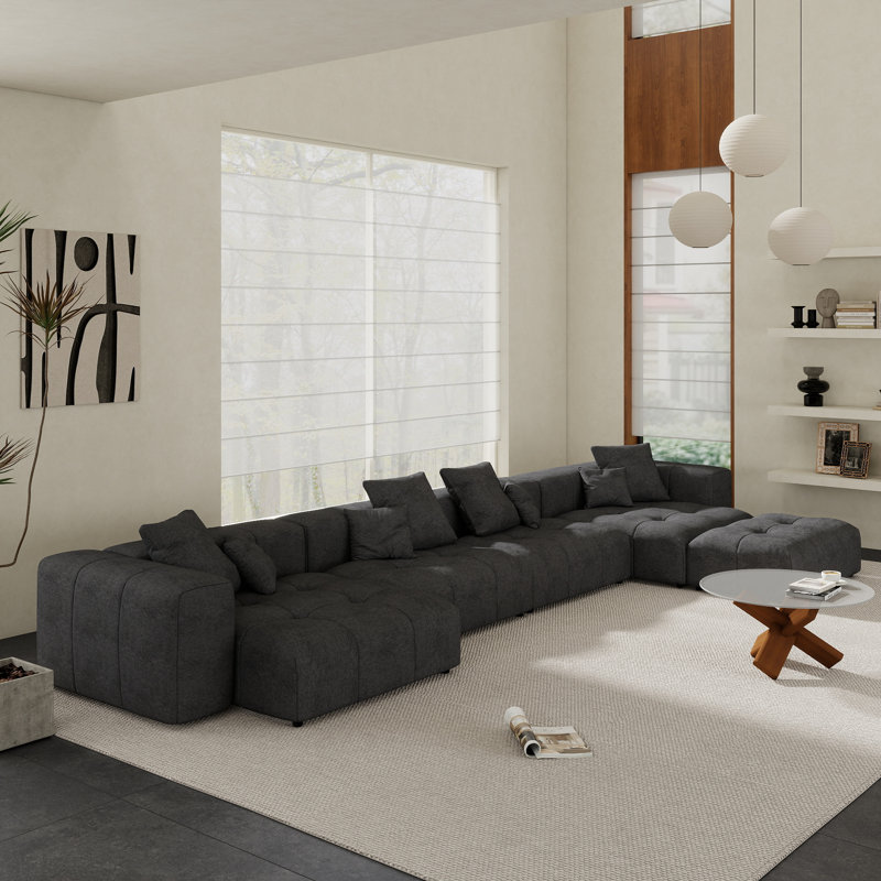 Kay Crumley 5-Piece Upholstered Modern Linen Fabric Sectional Sofa With Ottoman, Black