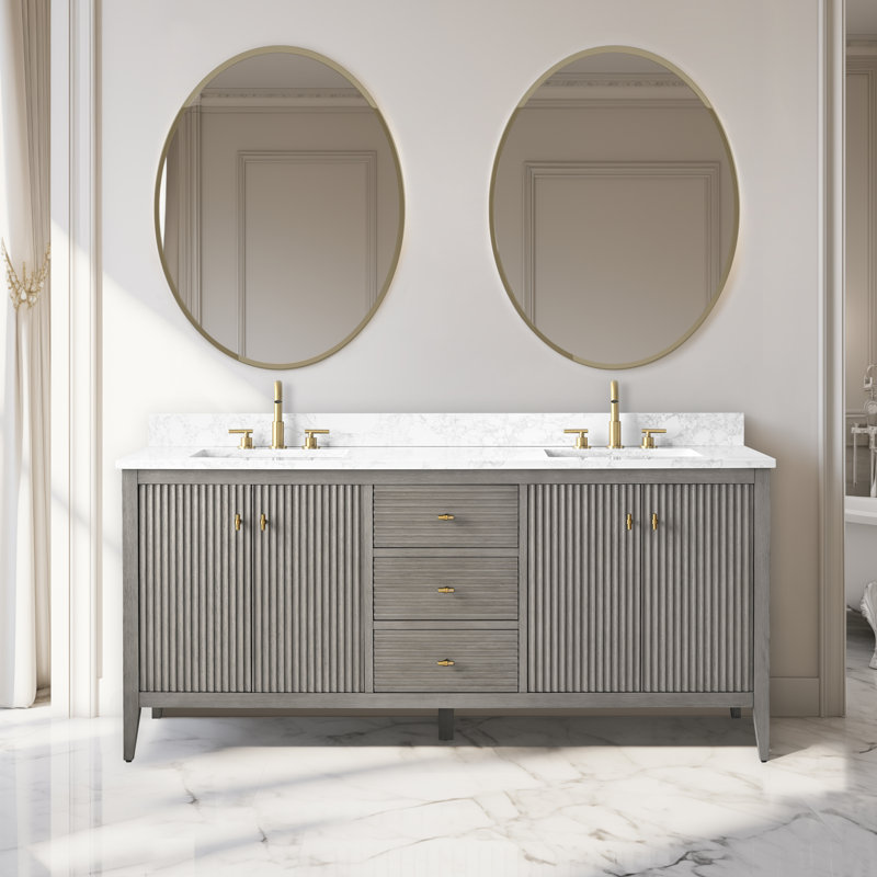 Meuble-lavabo double 72 po avec plateau en marbre, Doré brossé, Gris flottant linéaire