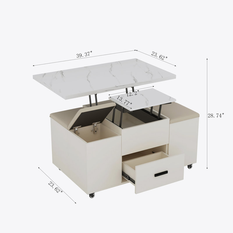 Modern Lift-Up Coffee Table with 4 Stools Set Saving Folding Dining Table