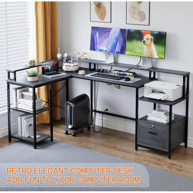 Bureau en forme de L - Bureau de jeu en forme de L de 76 po avec tablette pour écran dédiée et prise de courant, Chêne gris