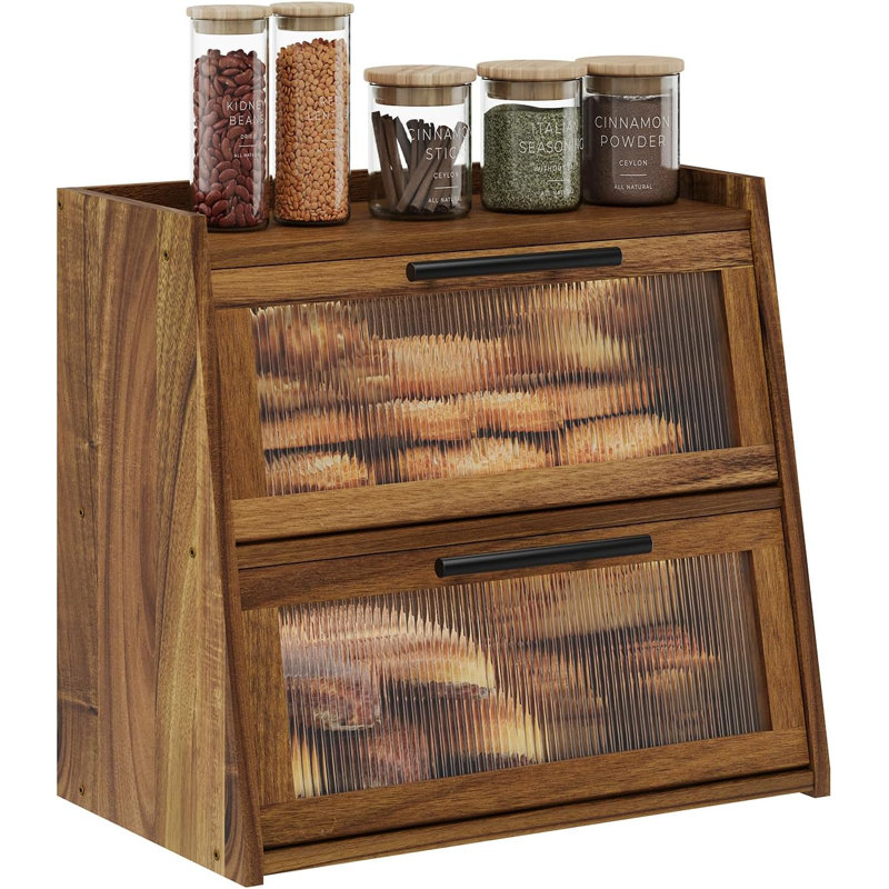 Boîte à pain pour comptoir de cuisine, bac de rangement en bois à double couche pour pain, porte-pain, rangement de pain de comptoir avec fenêtre