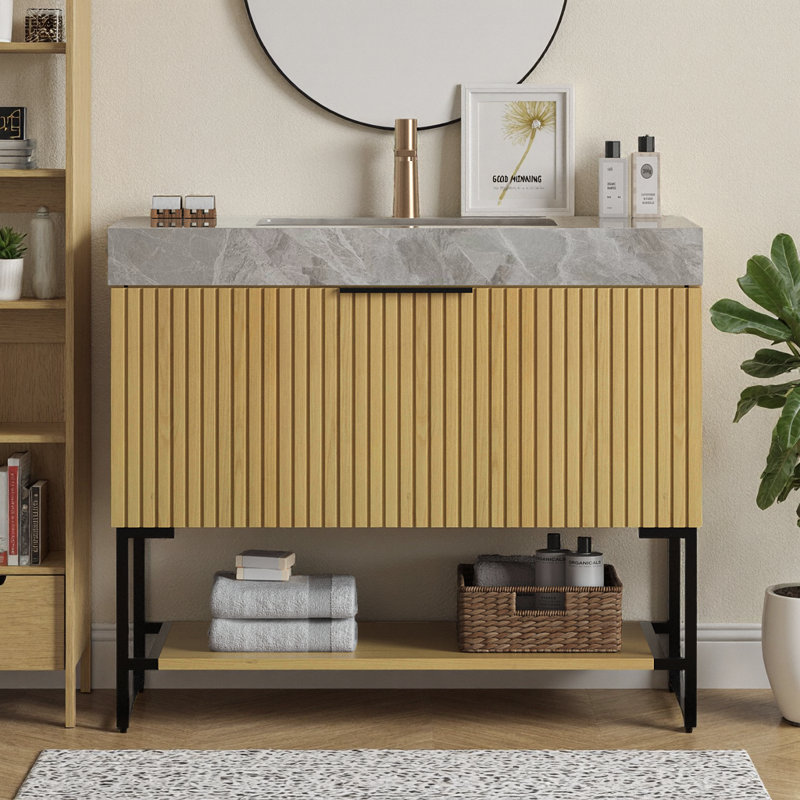 YOLAN Meuble-lavabo de salle de bain autoportant 36 po avec cuve en céramique frittée Corolla, Chêne doré, 36", Gris clair