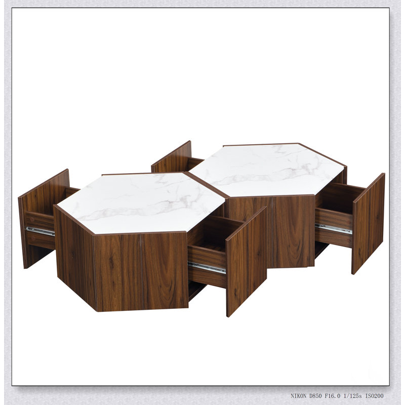 Table basse hexagonale rustique en bois rétro avec 2 tiroirs cachés, panneau de fibres à densité moyenne durable et plateau en marbre élégant