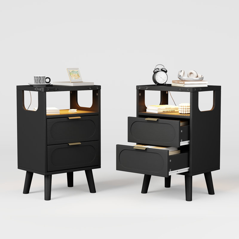 Table de chevet l 15,7 po avec prises intégrées Lumina, Ensemble de 2, Noir