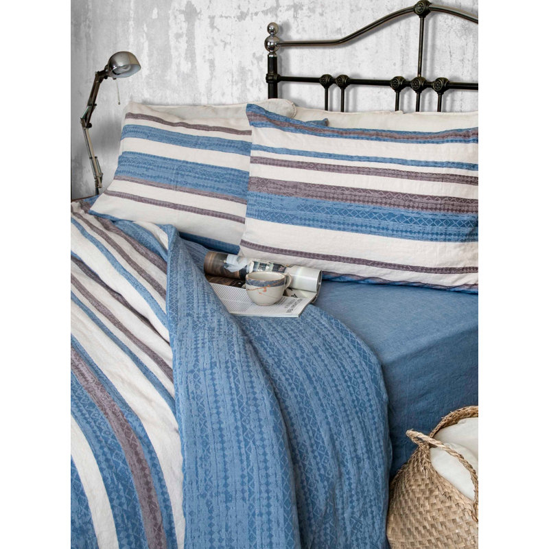 Ensemble de housse de couette 100% coton bleu / gris / blanc Roisin