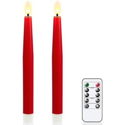 Bougies sans flamme, ensemble de 2 bougies à DEL rouges fonctionnant à pile avec minuterie à distance, bougies sans flamme en cire véritable avec flamme 3D pour la décoration de fête de mariage (0,78 po x 9,65 po)