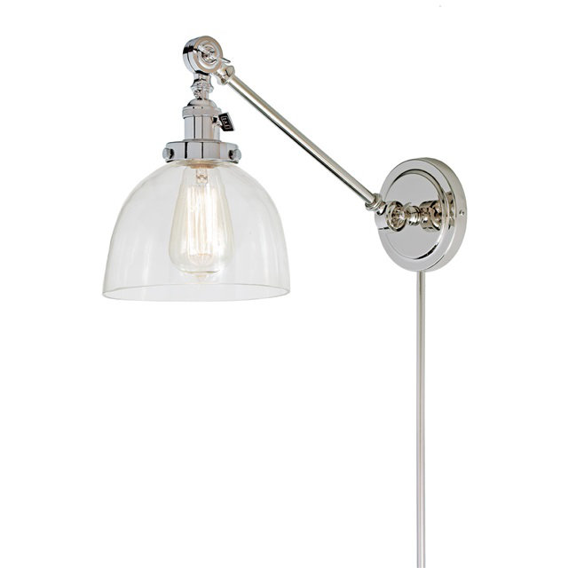 Martucci Plug-in Swing Arm Sconce, Polished Nickel, Transparent Glass