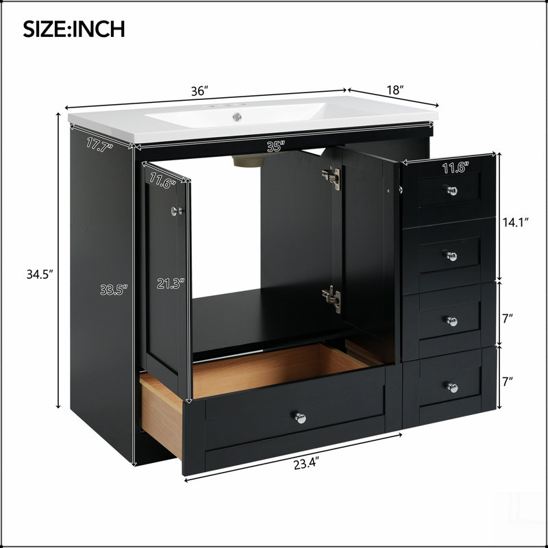 Armoire de meuble-lavabo autoportante de 36 po de style Shaker avec lavabo, 4 tiroirs à fermeture douce et 2 portes à fermeture douce