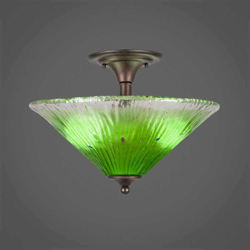 Plafonnier semi-encastré, 2 ampoules, fini bronze, verre cristal framboise 40,6 cm, Bronze, Rouge