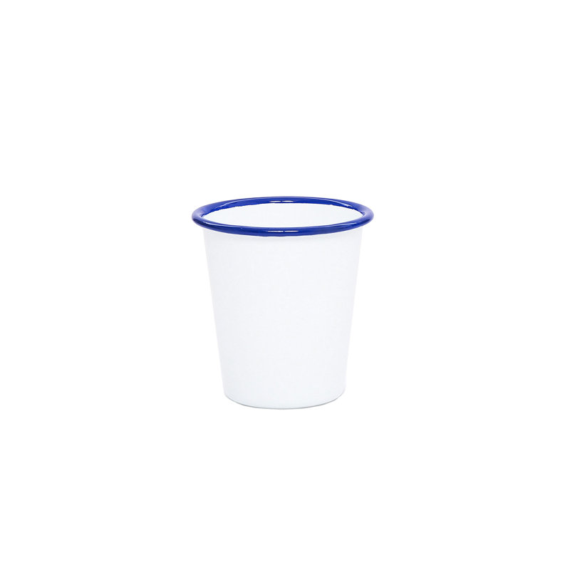 Crow Canyon Enamelware Vintage 14 oz Tumblers, Blue Rim, Blue Rim, 4.75" H x 3..5" W x 3.5" D