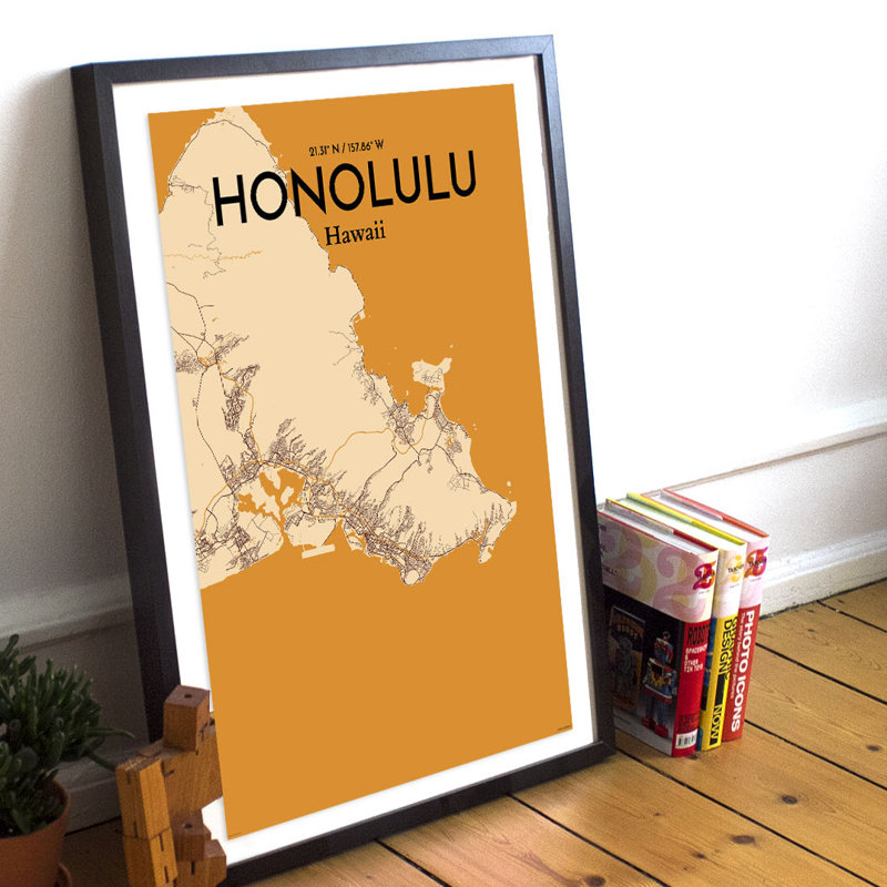 Honolulu City Map 1 Piece Wall Art, 43.2cm H x 27.9cm W x 0.13cm D