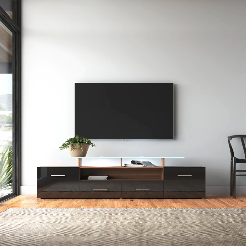 Casares 76.3" Modern TV Stand with LED Lighting, High Gloss Finish, Media Storage, Walnut/Black