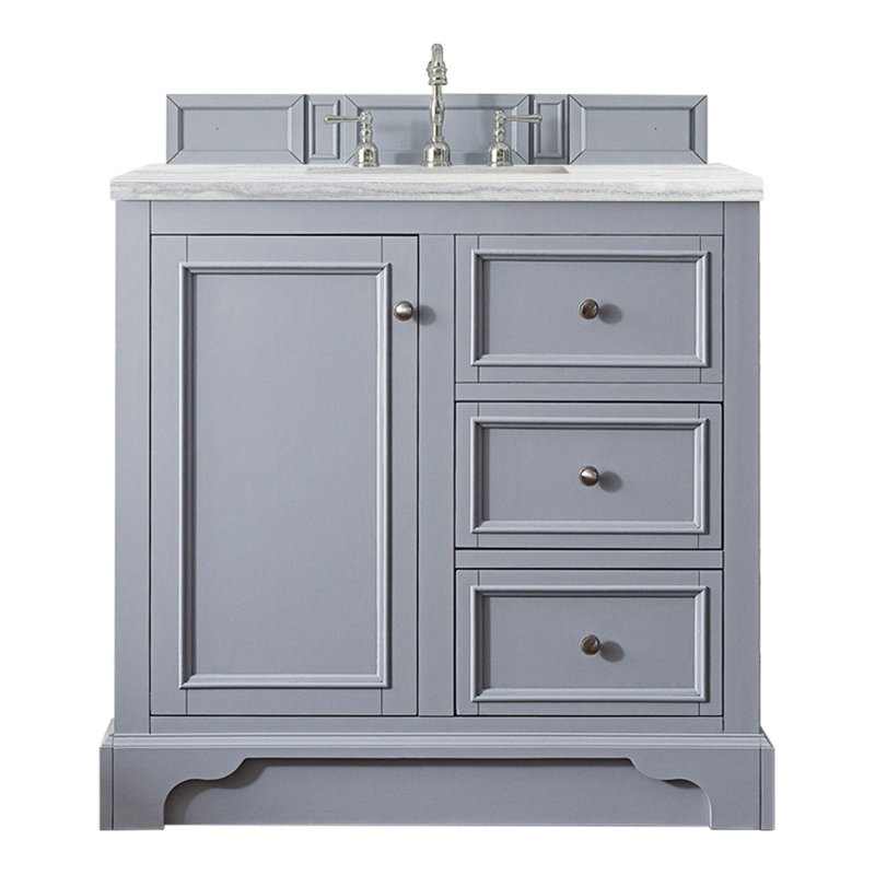 De Soto 36'' W Single Vanity, Bright White, Carrara White Marble, 8" Widespread
