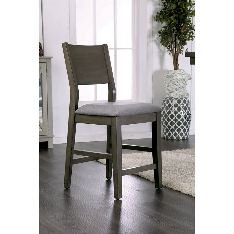 Chaises de salle à manger à hauteur de comptoir contemporaines en bois d'hévéa gris avec sièges rembourrés en tissu en A de 2 pour cuisine à panneau arrière