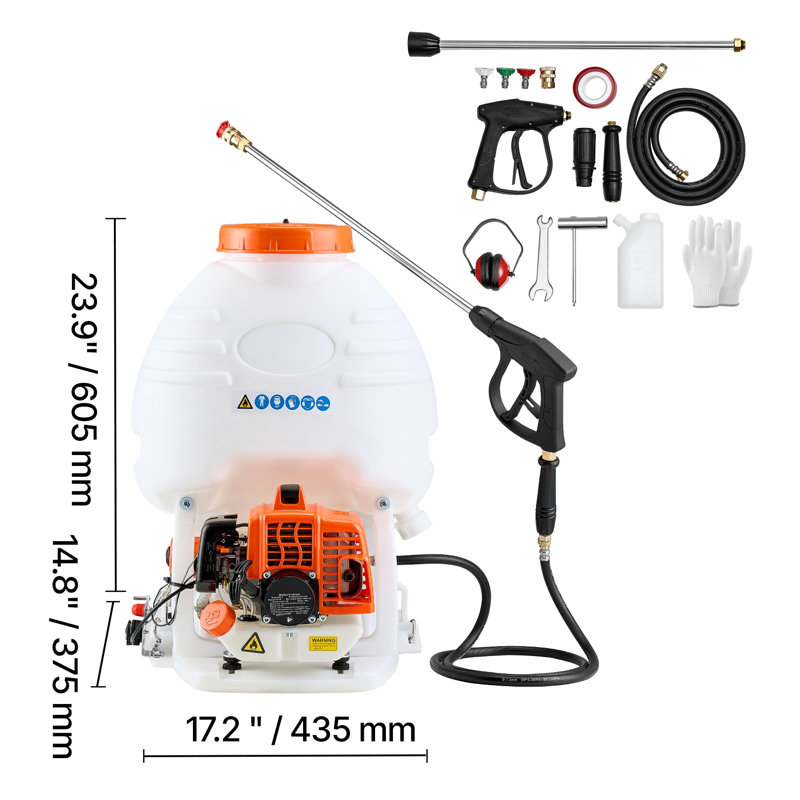 Vaporisateur à gaz avec sac à dos avec moteur 26,5cc, réservoir de 5 gallons et baguette de 24 pouces pour la pelouse et le jardin