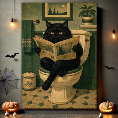 Black Cat Sitting On Toilet Reading Newspaper, Retro Vintage Funny Bathroom Canvas Wall Art