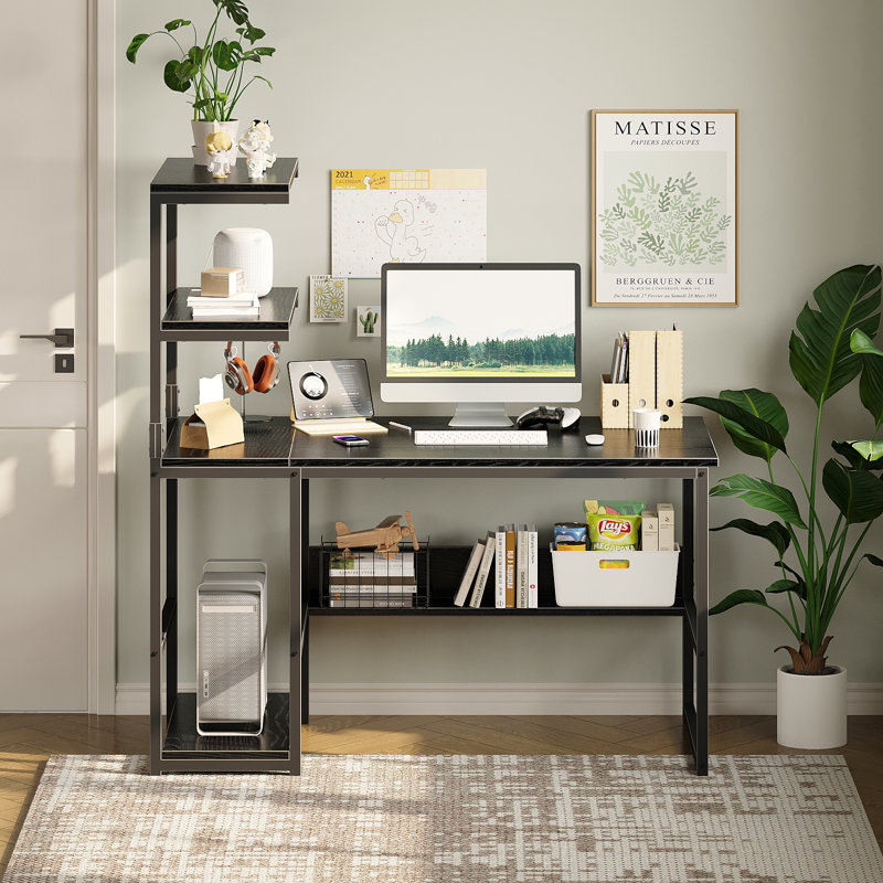 Bureau d'ordinateur industriel avec tablettes latérales et structure en métal - Poste de travail pour adultes, Noyer noir