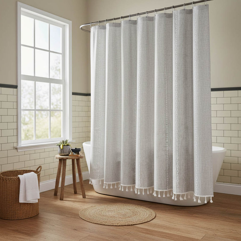 Boho Farmhouse Tassel Shower Curtain, Grey