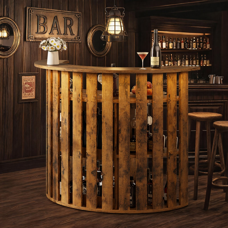 Armoire de bar rustique à lattes en bois avec espace pour réfrigérateur, prises de courant intégrées et éclairage à DEL, supports en verre et rangement à 4 niveaux, pour décorer un salon ou un pub