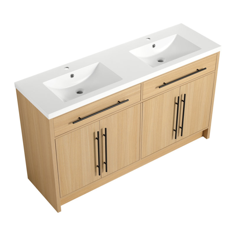 Meuble-lavabo double 59 1/8 po - Armoire en chêne clair avec lavabo intégré, tablettes réglables et 2 options de couleur de poignée (poignée noire)
