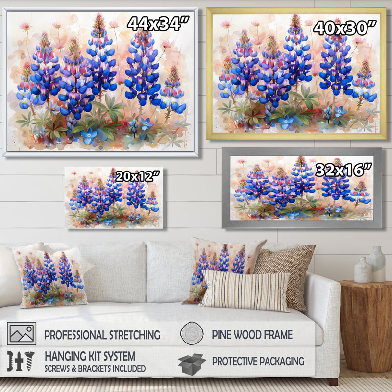 Bleu, rose, fleurs sauvages, Blue Bonnets Dreams II - Blue Bonnets, art mural, H 12 po x l 20 po x P 1 po