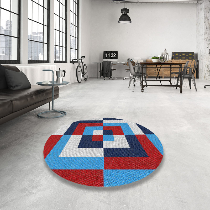 Laine tissée à la machine abstraite et polyester bleu/rouge/gris Tapis décoratif, Rond 3 pi