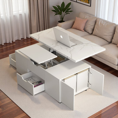 Modern Lift-up Coffee Table With 2 Stools, Hidden Storage, Drawers And Folding Dining Table