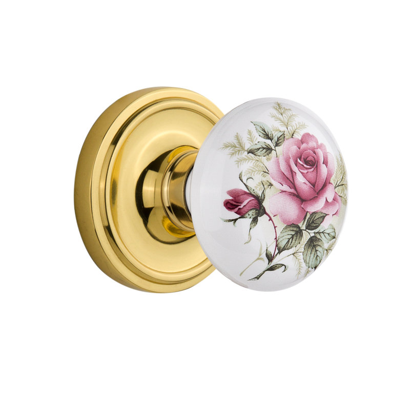 Classic Rosette with White Rose Porcelain Door Knob, 2-3/4", Polished Brass