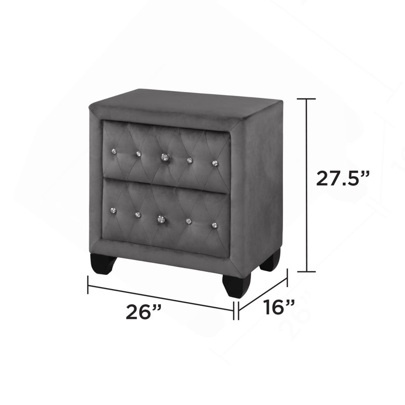 Sophia Modern Style Crystal Tufted 2-Drawer Nightstand Upholstered With Velvet Fabric Made With Wood In Gray