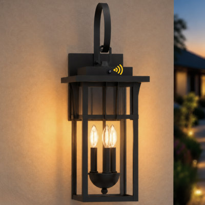 25"H 3-Light Farmhouse Exterior Wall Lantern Sconce, Dusk to Dawn Photocell Auto Activation, Matte Sand Grain Black Iron Frame, Clear Tempered Glass, Weatherproof Hardwired Front Porch & Entryway Lighting